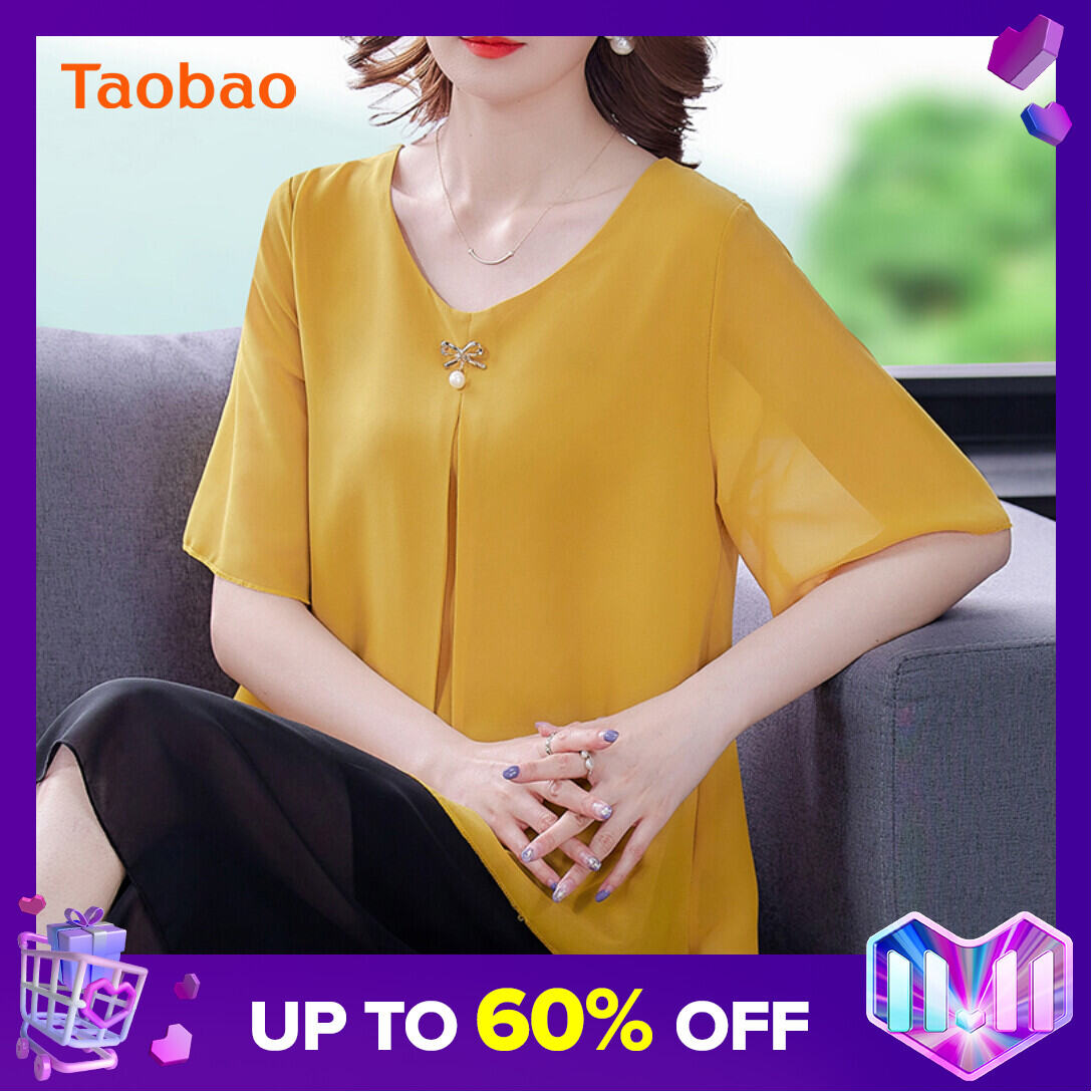 Women's Large Size Chiffon T-shirt for Plump Girls Short Sleeve New Korean Style Loose Belly Covering Slimming Western Style Small Shirt