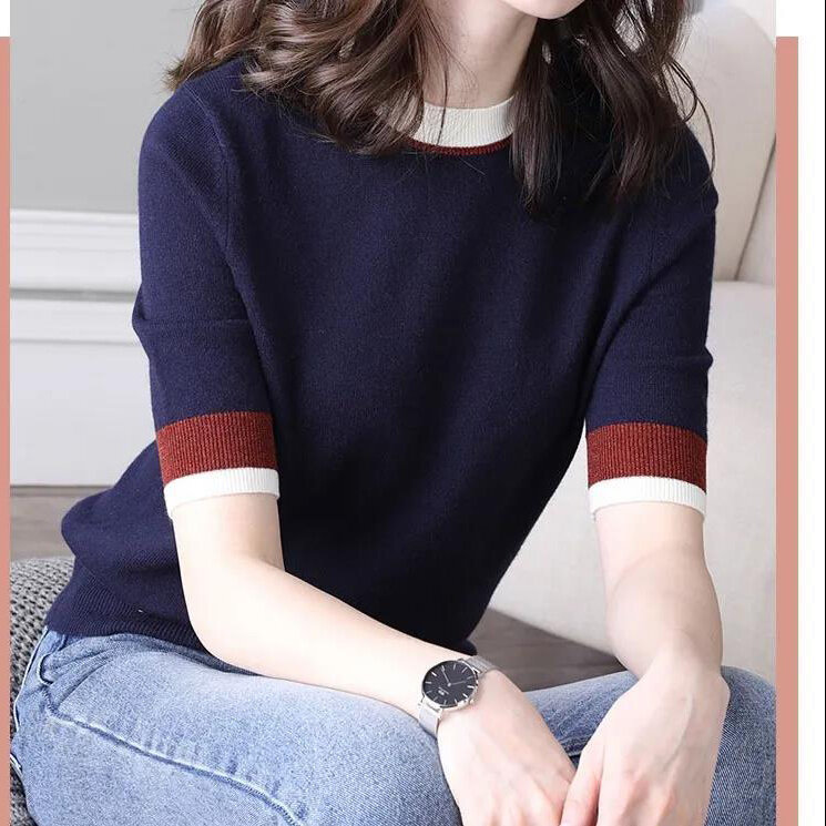 Women's T-Shirt 2022 Summer Korean Style Short Sleeve Knit Top Solid Color Slim Fit T-Shirt Top