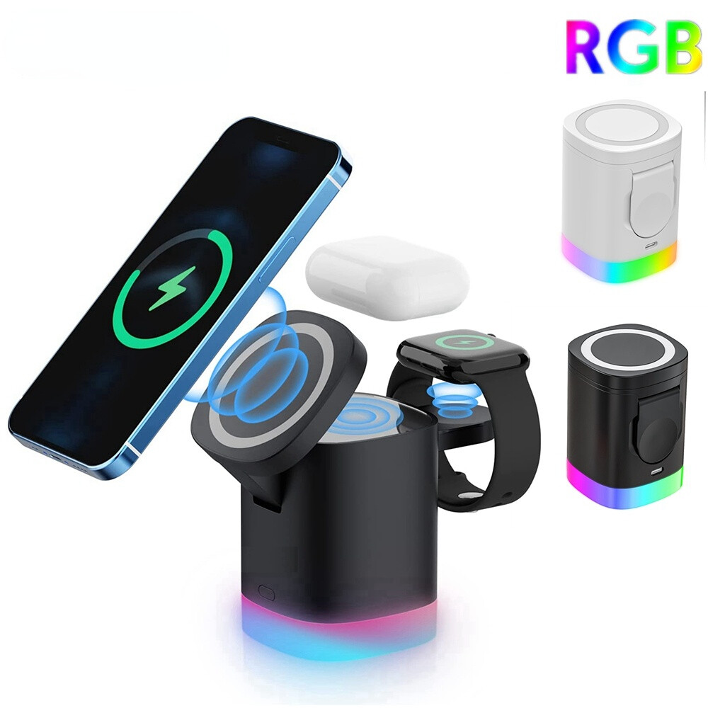 HOCE 15W 3 in 1 Magnetic Wireless Charger Foldable Stand Dock for iPhone 14 13 12 Pro Max Fast Charging Station for Apple Watch 8 7 6 5 AirPod Pro 2 RGB Lamp